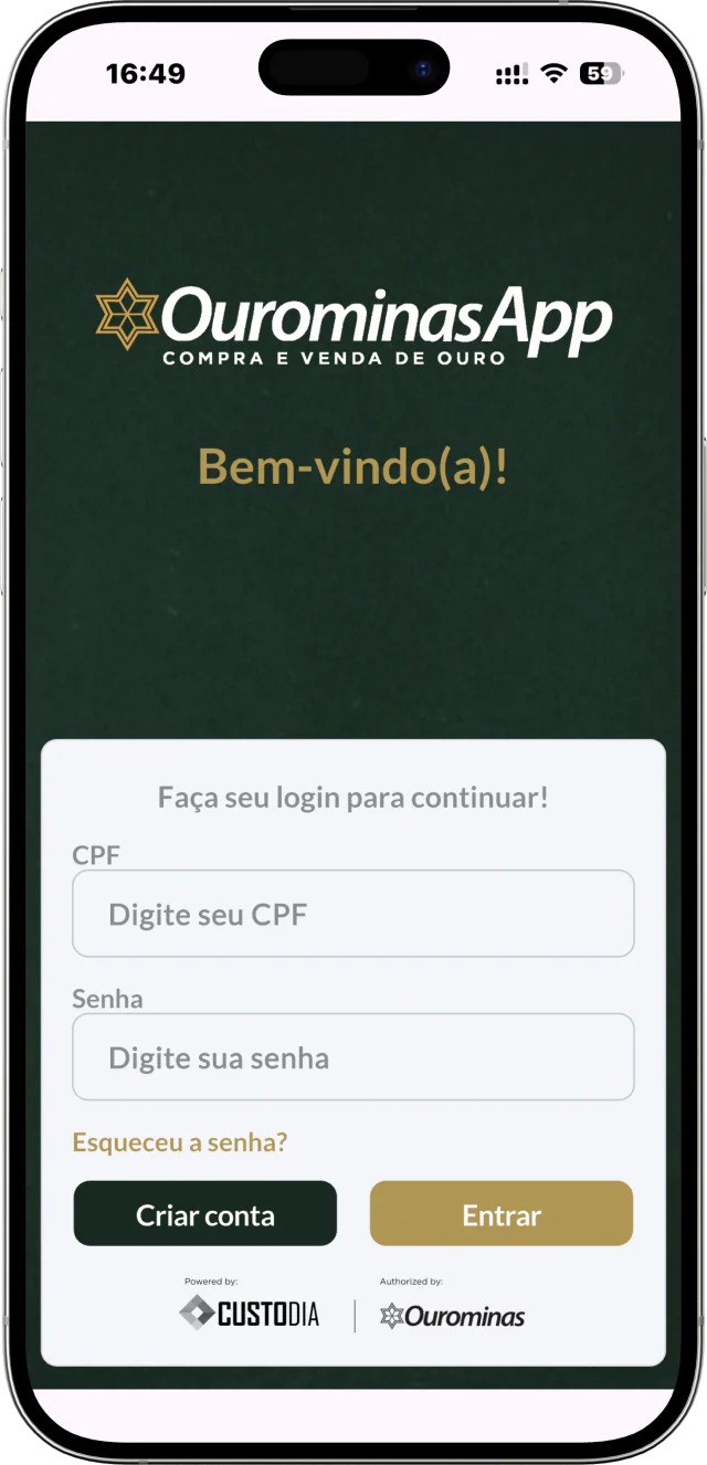 Tela completa de acesso ao OurominasApp