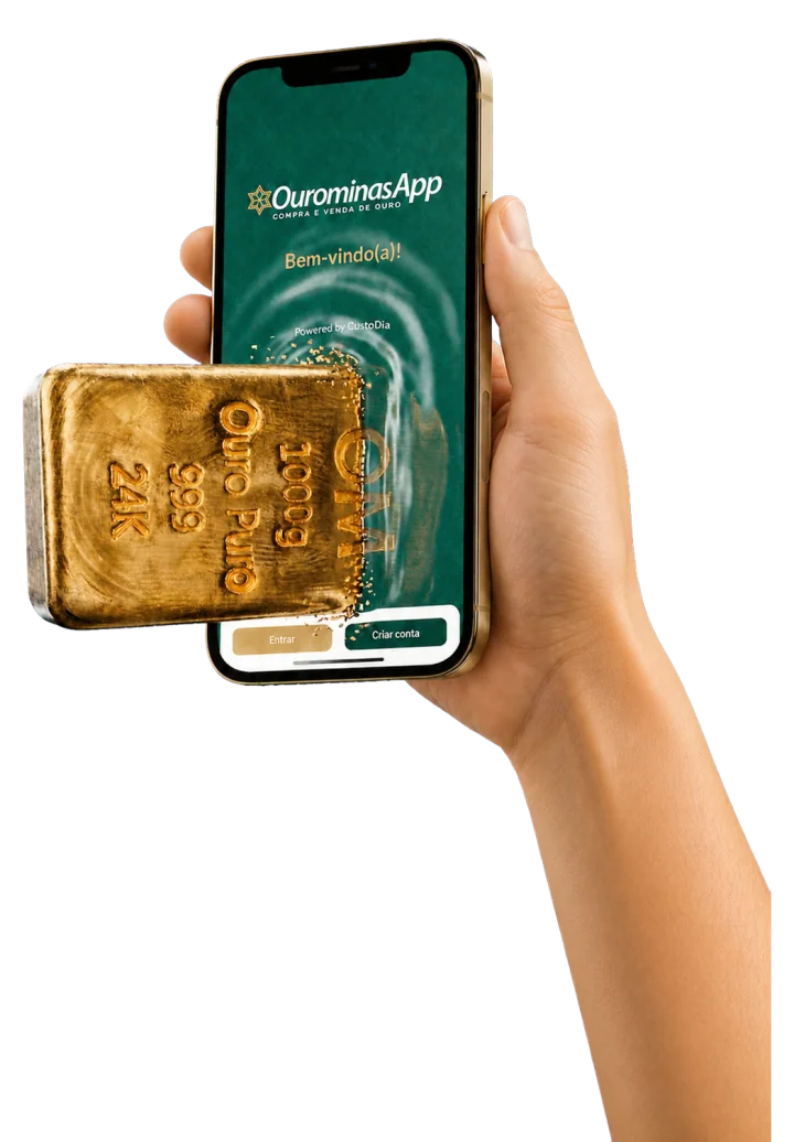 Mão segurando um celular com o OurominasApp e uma barra de ouro